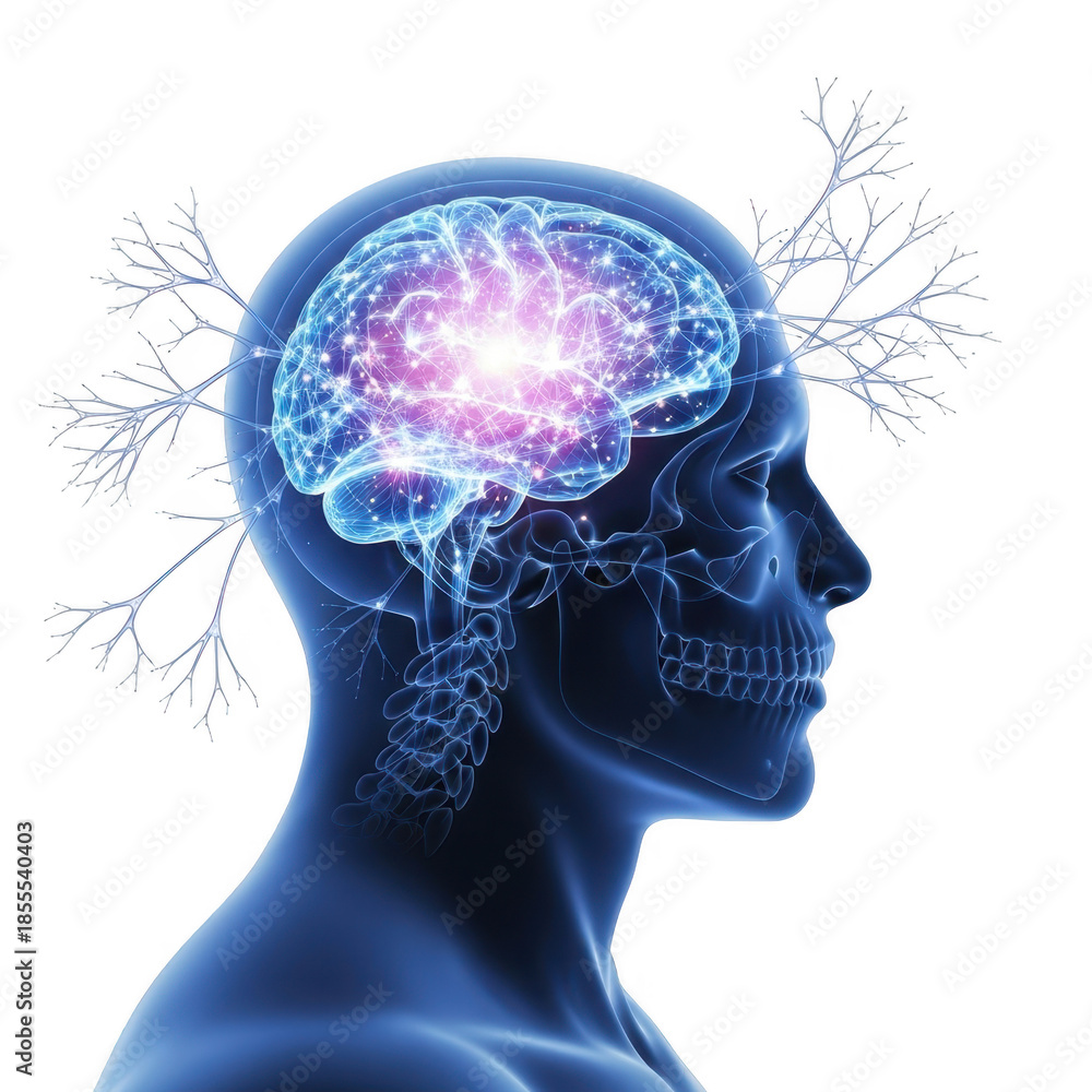 Obraz premium 3d render of human brain with glowing neural network isolated on transparent background
