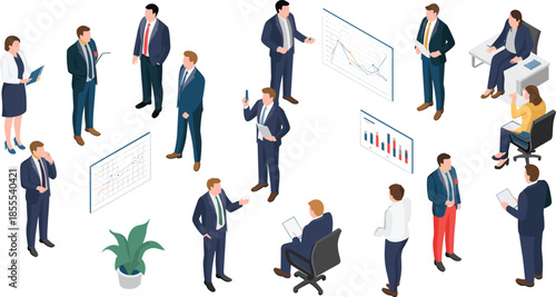 Isometric business people illustration set with office workers, teamwork, presentations, charts, analytics, corporate meeting, management, finance, communication concepts