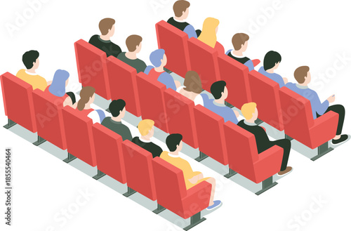 Isometric cinema audience illustration with people sitting in theater seats, movie screening, entertainment event, crowd concept, modern flat design