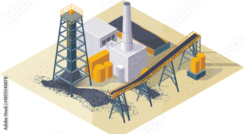 Isometric industrial mining factory illustration with refinery, conveyor belts, extraction towers, processing plant, heavy industry, resource production, manufacturing concept