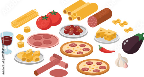 Isometric Italian food illustration set with pizza, pasta, cheese, sausage, vegetables, wine, cooking utensils, Mediterranean cuisine ingredients, 3D style