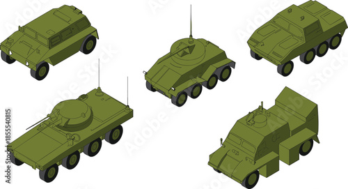 Isometric military armored vehicles illustration set with tanks, armored cars, tactical transport, army equipment, defense technology, warfare icons, 3D style
