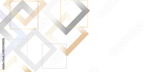 Abstract geometric pattern with metallic squares and lines on a clean white background