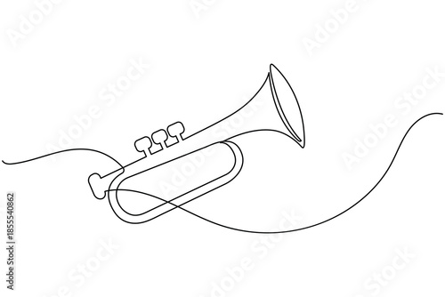 Trumpet one line art illustration of a musical instrument on white background