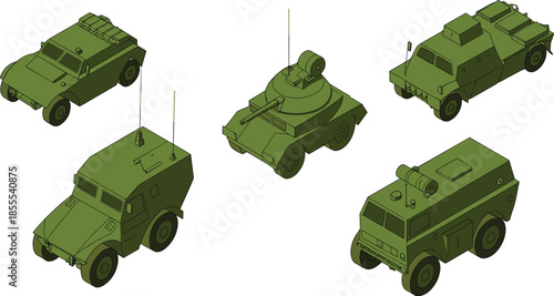 Isometric military armored vehicles illustration set with tanks, armored cars, tactical transport, army equipment, defense technology, warfare icons, 3D style