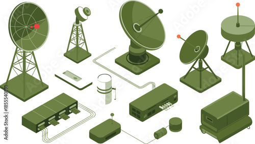 Isometric military radar communication system illustration with satellite dishes, antennas, signal towers, defense technology, surveillance equipment, army electronics, network concept