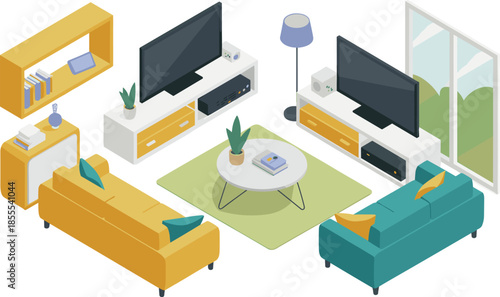 Isometric modern living room interior illustration with sofa, television, furniture, home decor, apartment design, cozy lounge, contemporary style, 3D concept