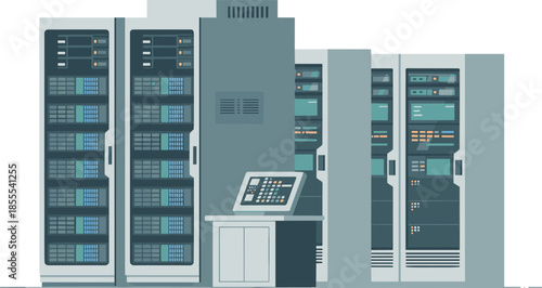Modern data center server room illustration with network racks, control panel, cloud computing infrastructure, information technology, database storage, cybersecurity concept
