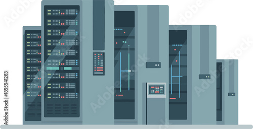 Modern data center server room illustration with network racks, control panel, cloud computing infrastructure, information technology, database storage, cybersecurity concept