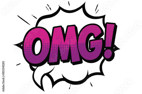 Vibrant purple and pink OMG pop art speech bubble with jagged explosion frame for expressive comic book designs.