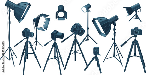 Professional photography studio equipment illustration set with cameras, tripods, lighting stands, softboxes, spotlights, photo gear, filming tools, isolated collection