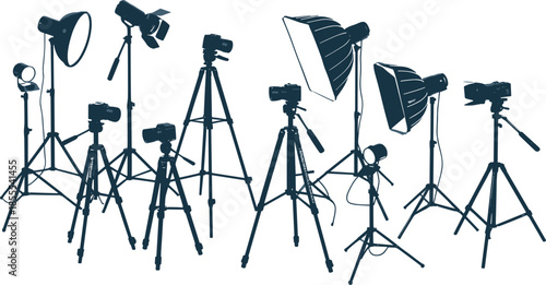 Professional photography studio equipment illustration set with cameras, tripods, lighting stands, softboxes, spotlights, photo gear, filming tools, isolated collection