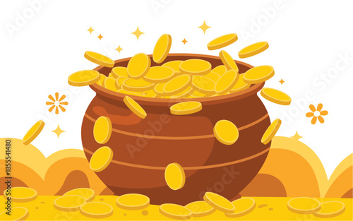 Overflowing Brown Pot Filled with Yellow Coins and Sparkles