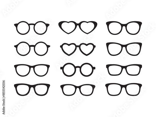 Twelve black glasses styles round heart and cat eye shapes eyeglasses eyewear spectacles