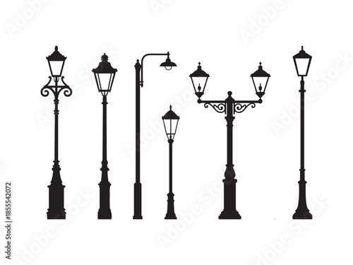 Black and white silhouettes of vintage street lamps on white background lamppost
