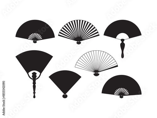 Eight Black and White Hand Fans in Various Styles silhouette