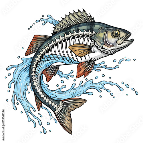 Yellow perch fish jumping with visible skeleton bone and water splash illustration