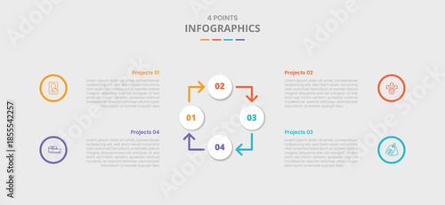 4 points template infographic with circle with arrow on cycle circular direction with drop shadow style with three stage list information