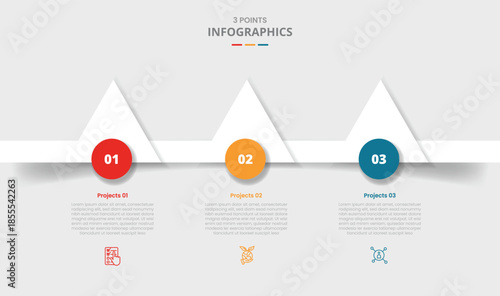 3 points template infographic with triangle top direction and circle badge on bottom with drop shadow style with three stage list information