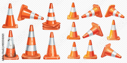 Set of realistic orange traffic cones with white reflective stripes in various positions.