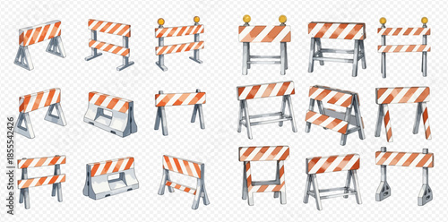 Set of various construction barriers, road blocks, and traffic cones for safety and warning on transparent background.