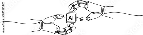 AI Technology One Line Drawing Hand Holding AI Cube Illustration