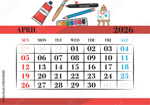 April 2026 Monthly Calendar with Creative Art Supplies and Painting Illustration