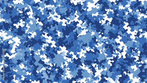 Blue digital camouflage pattern with interlocking shapes in multiple shades, abstract military texture for tactical gear, design, and concealment