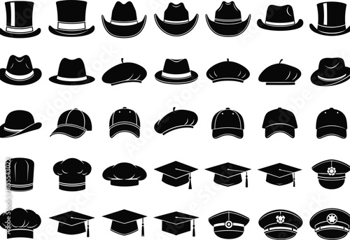 Collection of black hat icons in various styles including caps cowboy hats chef hats graduation caps and uniform headwear silhouettes