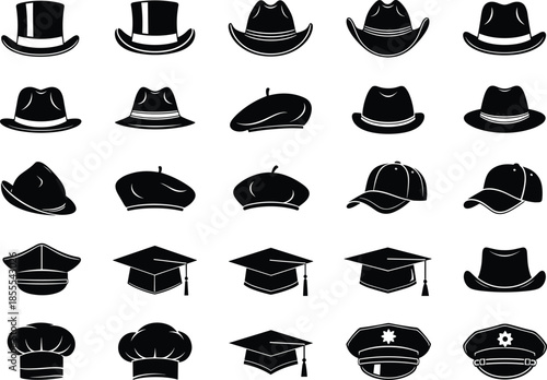 Collection of black hat icons in various styles including cowboy hats berets chef hats graduation caps and uniform headwear silhouettes
