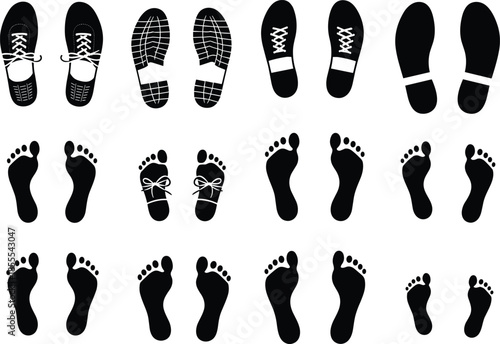 Collection of black shoe prints and bare foot silhouettes in various styles representing walking steps footprint icons for design illustration