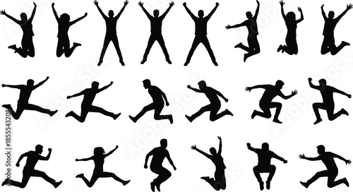 Dynamic black silhouette jumping poses collection, expressive human motion set for sports, dance, fitness, animation, and energetic design themes