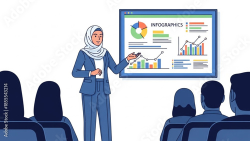 Businesswoman in hijab presents infographics with charts and graphs for corporate presentation or data analysis isolated on white