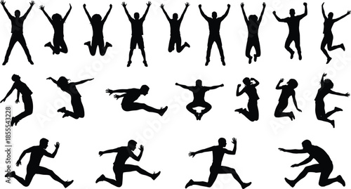 Energetic black silhouette jumping and leaping poses collection, expressive human motion set for fitness, dance, sports, and animation design