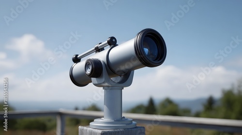 A stationary telescope offers a panoramic view of rolling hills and a cloudy blue sky on a bright day