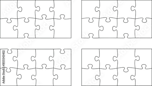 Set of four rectangular jigsaw puzzle grids with 12 interlocking pieces, ideal for design templates, games, logic, and education