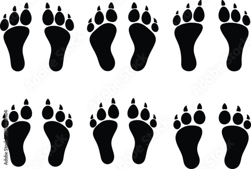 Stylized bear paw print pattern in two rows, black ink animal tracks for wildlife design, nature themes, and educational use