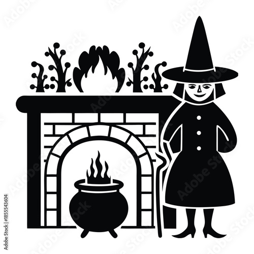 Witch with Cauldron and Fireplace Vector Illustration