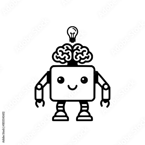 Vector illustration of a friendly robot character with a visible brain and a glowing light bulb above its head.