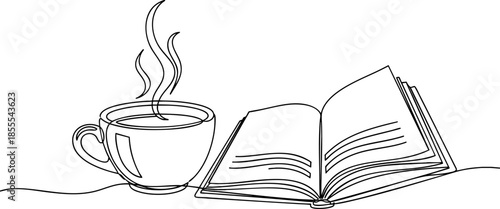 Continuous Line Art of Hot Coffee Cup and Open Book Reading Concept