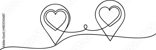 Continuous Line Art of Heart Map Pins for Travel and Romance Concept