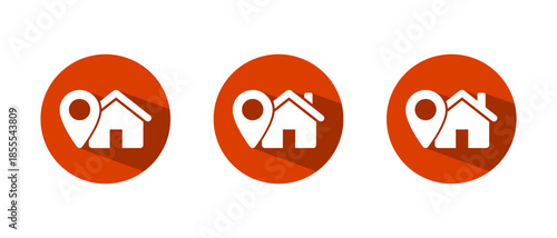 Home location icon set with long shadow. Home address symbol. Real estate with map pin sign