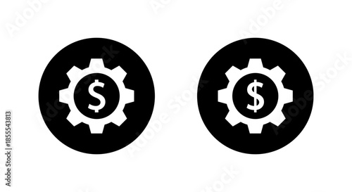 Dollar money gear icon in black circle. Financial settings, cost management, and business system symbol