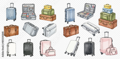 Collection of various watercolor travel suitcases and luggage for vacation and journey.