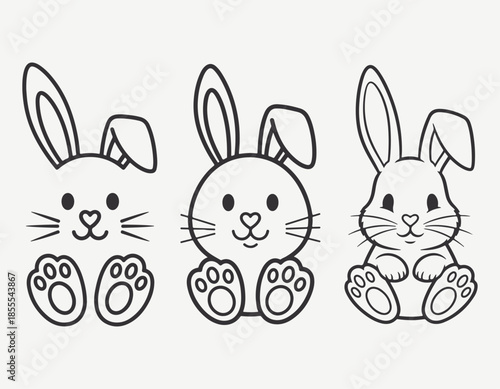 Three Cute Cartoon Bunny Heads Outline Vector Set - Easter Rabbit Line Art for Coloring and Kids Designs