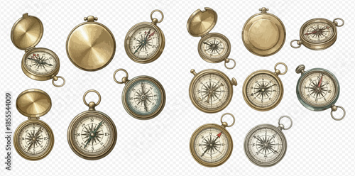 Set of antique brass and silver pocket compasses for navigation and travel.