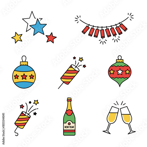Diverse vector set of New Year party celebration icons. These signs show cheer, excitement, and sparkle, giving 2026 occasion to celebrate any gathering