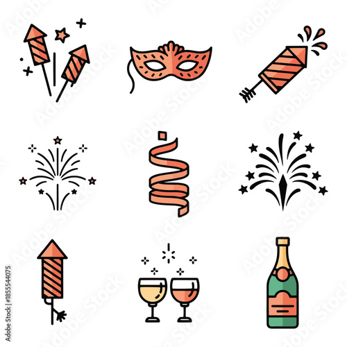 Vector diverse signs set for party celebration new year 2026 cheer, excitement, gathering, giving, sparkle, occasion icons
