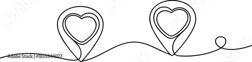 Continuous Line Art of Heart Map Pins for Travel and Romance Concept