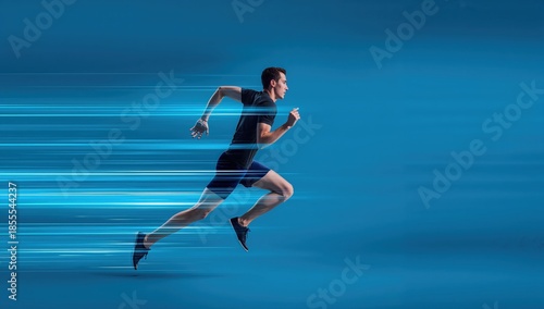 Professional track runner in full speed motion showing muscle strength and endurance with artistic blur overlay.